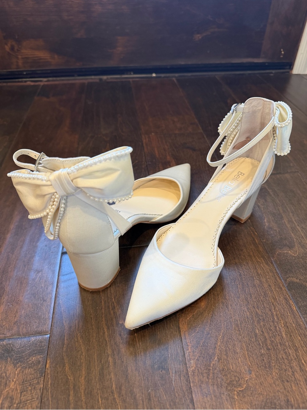 Pearl Bow Ankle-Strap Heels in Cream